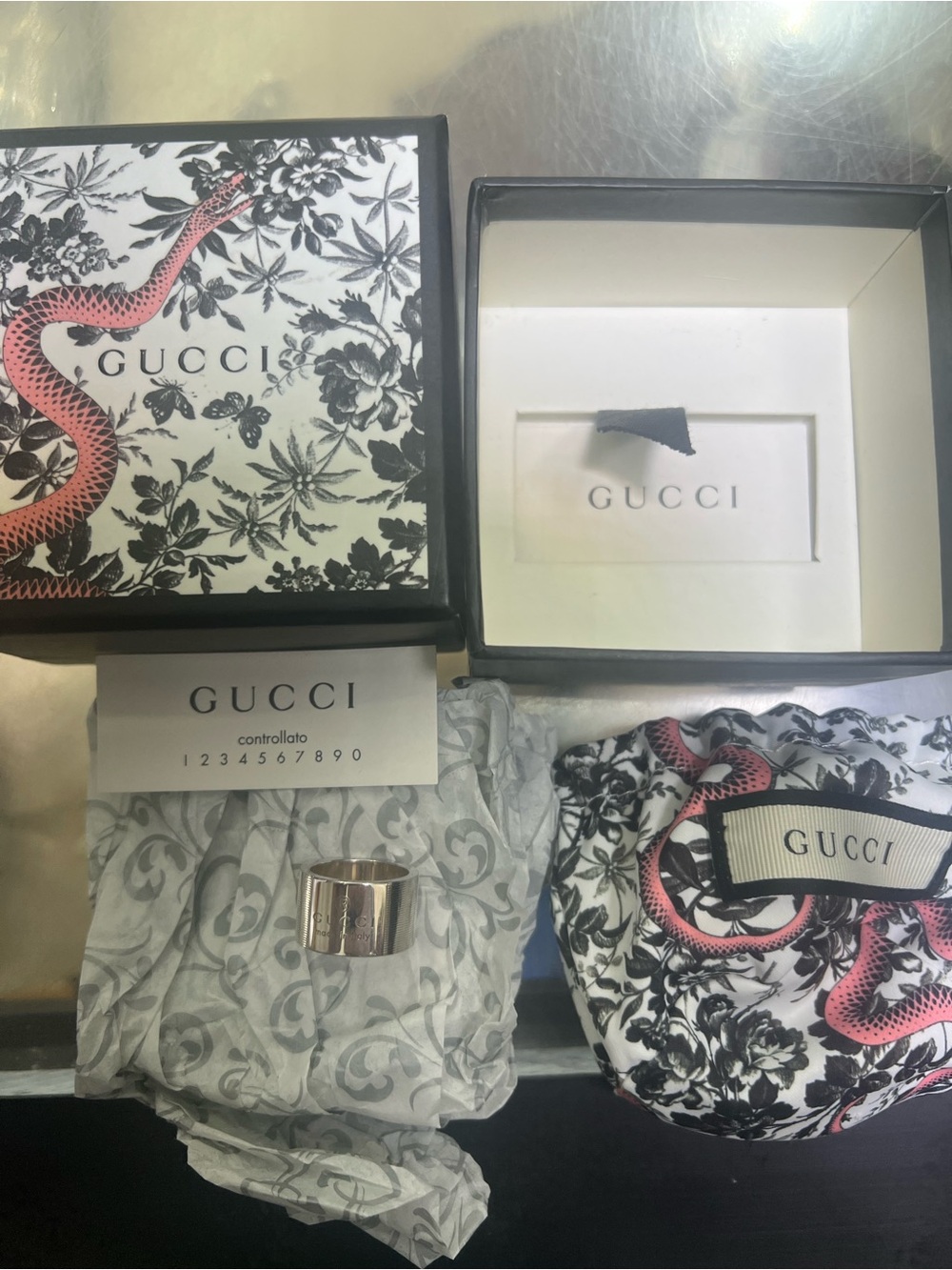 Gucci Silver-Tone Wide Logo Ring with Branded Box and Pouch